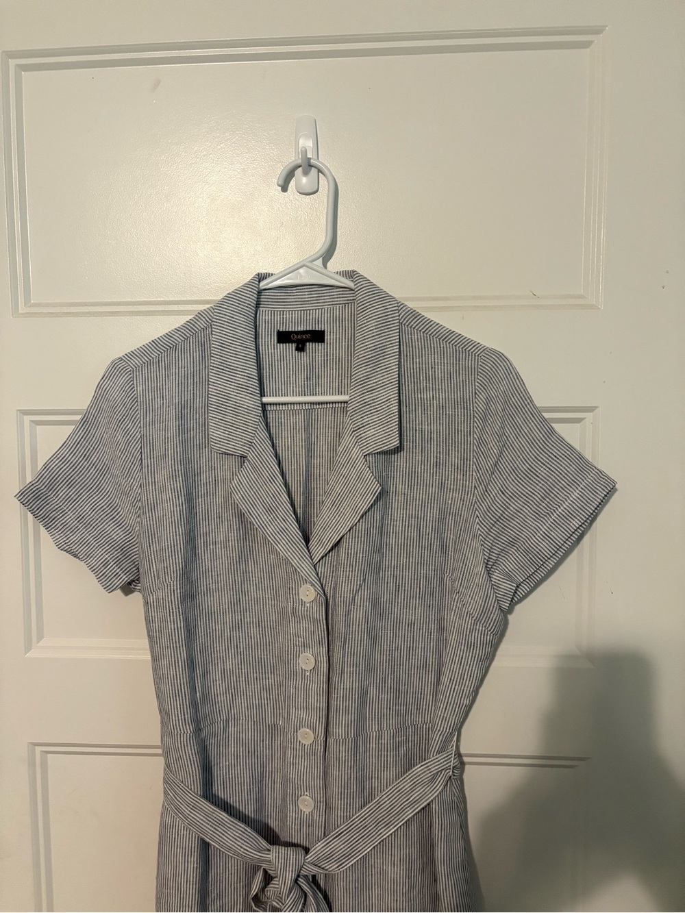 Quince linen button down dress in Blue Stripe